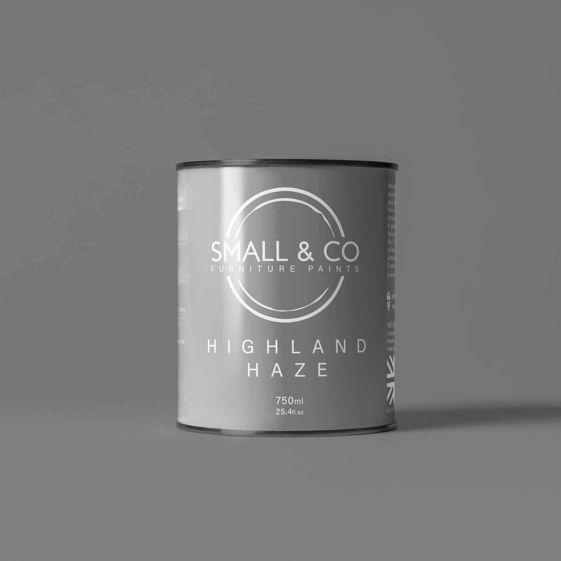 750ml tin of Small & Co furniture paint in Highland Haze, a mid medium grey colour. High-quality, professional, durable paint perfect for furniture restoration, DIY projects, and home decor. Ideal for wood, metal, and other surfaces. Eco-friendly, easy to apply, and provides a smooth finish