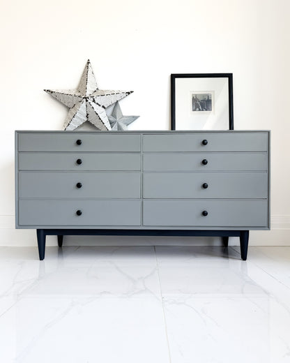 Mid-century modern sideboard painted in Small & Co Highland Haze grey furniture paint – durable UK-made eco-friendly paint for furniture upcycling and refinishing.