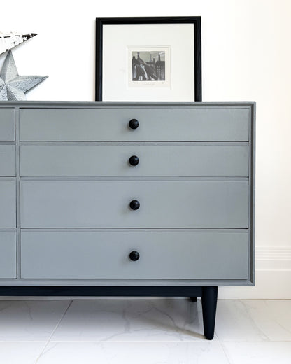Grey painted dresser drawers finished in Highland Haze by Small & Co – durable furniture paint with smooth coverage, perfect for refinishing sideboards and cabinets.