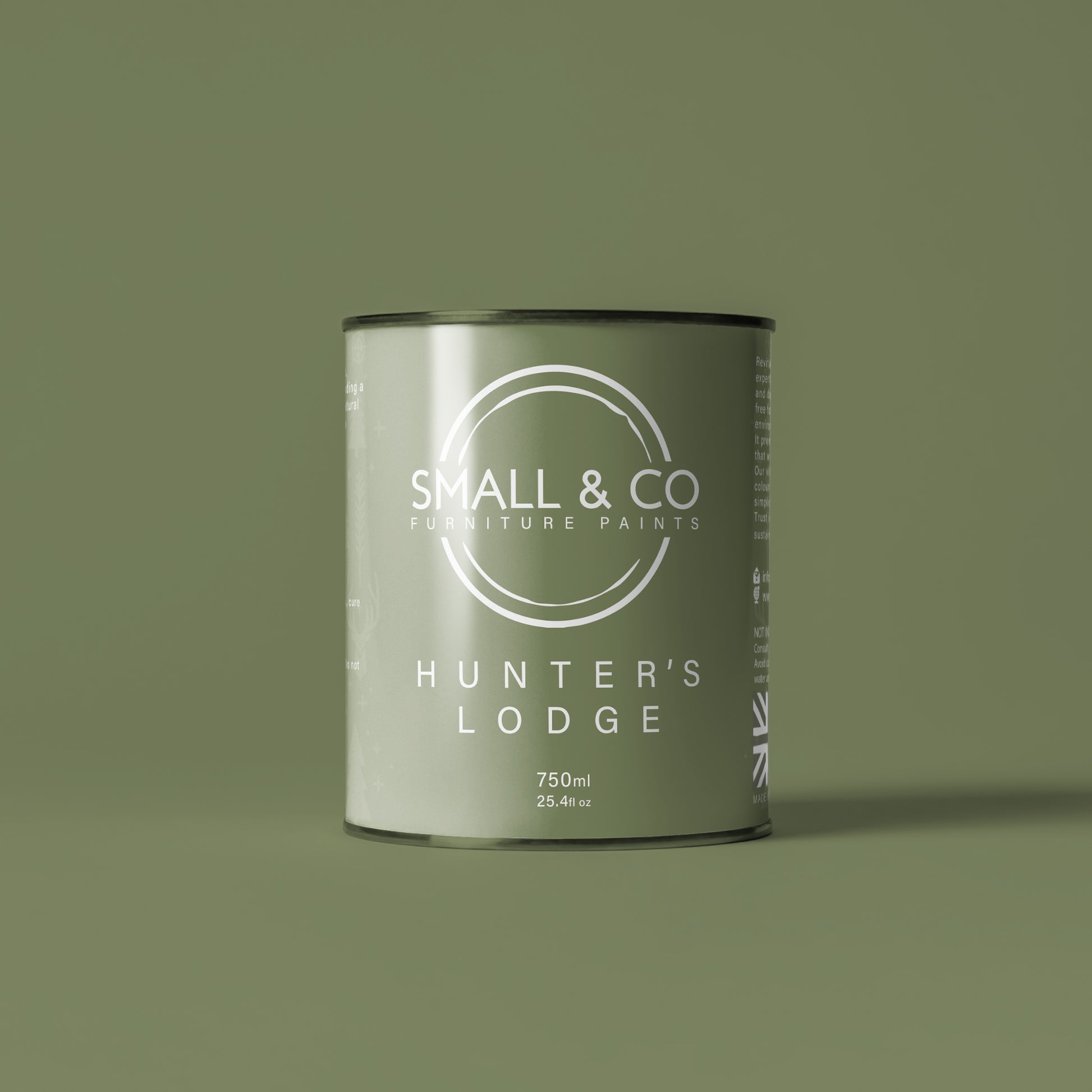 750ml tin of Small & Co furniture paint in Hunter's Lodge, a mid earth green colour. High-quality, professional, durable paint perfect for furniture restoration, DIY projects, and home decor. Ideal for wood, metal, and other surfaces. Eco-friendly, easy to apply, and provides a smooth finish