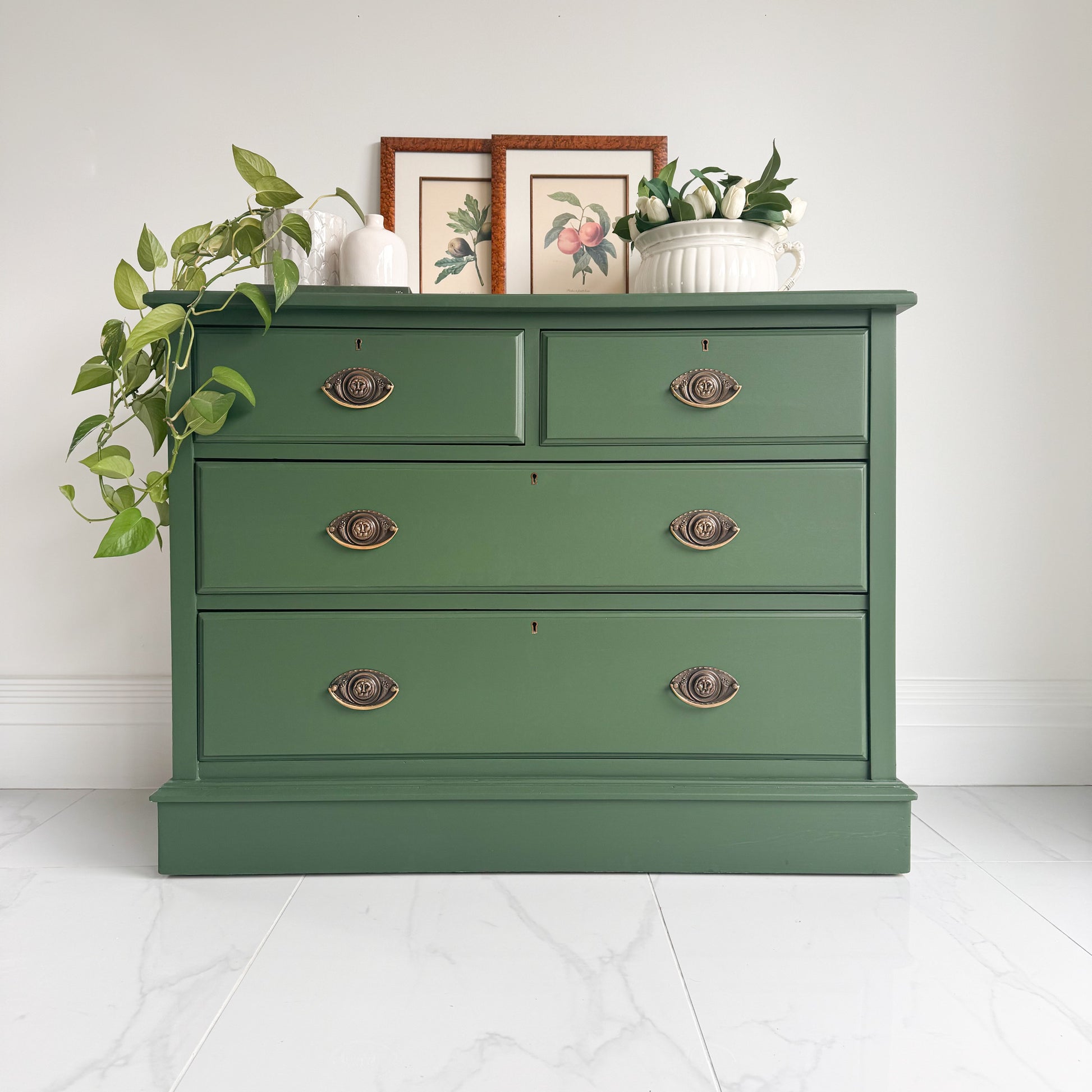 Dartmoor Deep, dark forest green furniture paint, chest of drawers painted, victorian drawers