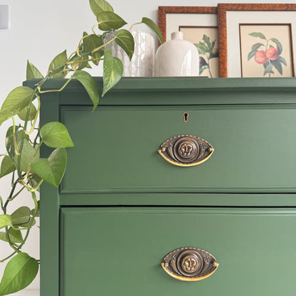 close up of victorian green chest of drawers hand painted in Small and Co furniture paint, Dartmoor Deep colour