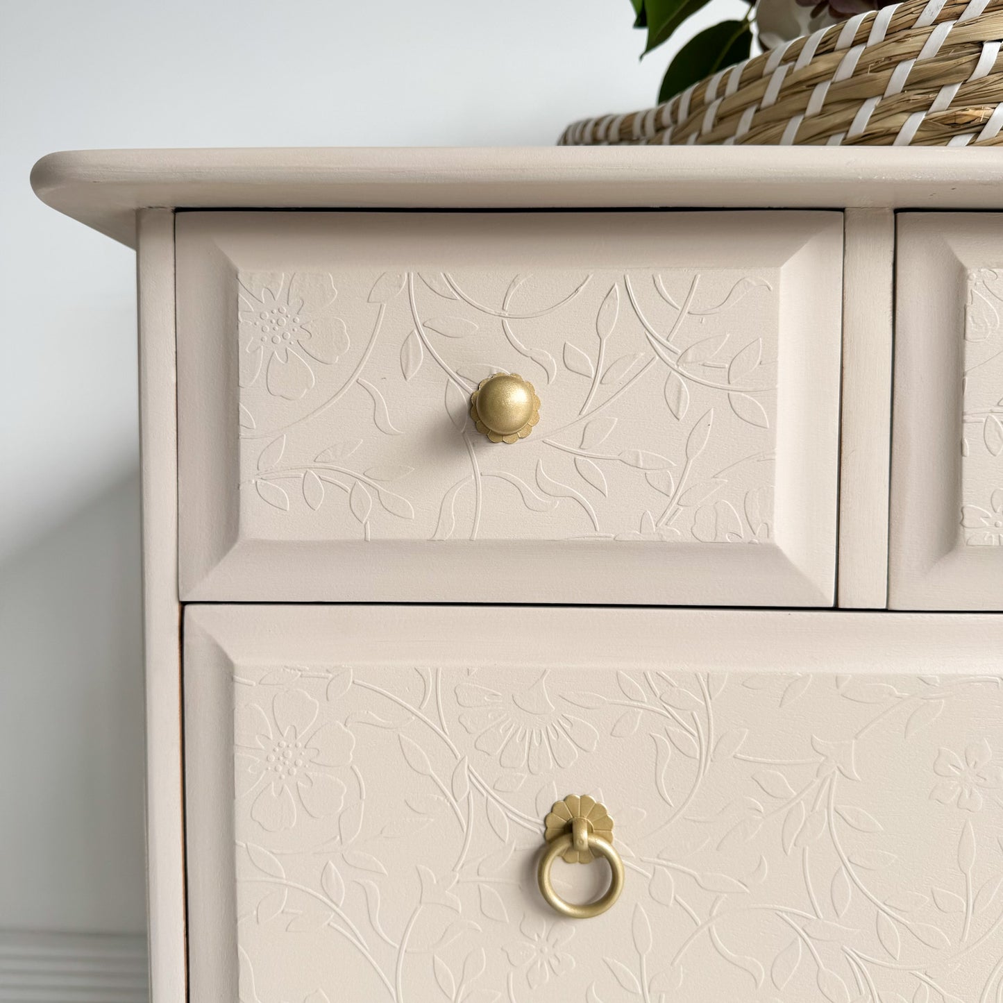 Close up of embossed pattern in Wren's Nest soft taupe beige furniture paint by small and co paints, stag minstrel chest of drawers by Emma Phelps, Chalk & Vintage