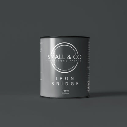 750ml tin of Small & Co furniture paint in Iron Bridge, a dark grey ash charcoal colour. High-quality, professional, durable paint perfect for furniture restoration, DIY projects, and home decor. Ideal for wood, metal, and other surfaces. Eco-friendly, easy to apply, and provides a smooth finish