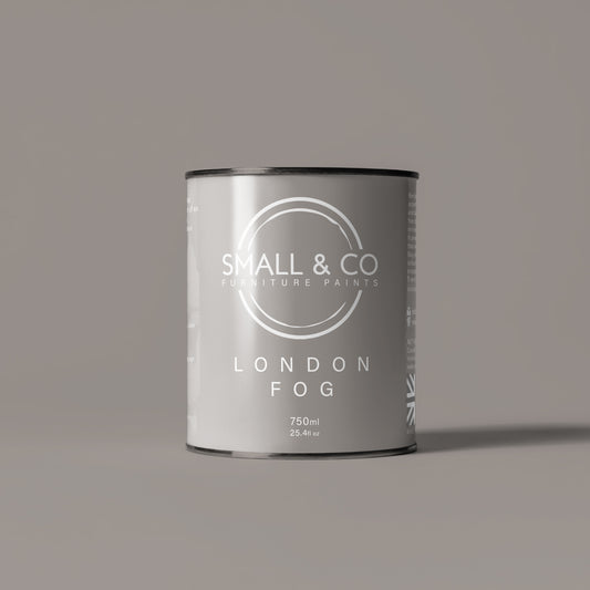 750ml tin of Small & Co furniture paint in London Fog, a taupe beige grey mushroom colour. High-quality, professional, durable paint perfect for furniture restoration, DIY projects, and home decor. Ideal for wood, metal, and other surfaces. Eco-friendly, easy to apply, and provides a smooth finish