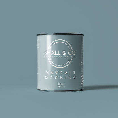 750ml tin of Small & Co furniture paint in Mayfair Morning, a light vibrant rich blue colour. High-quality, professional, durable paint perfect for furniture restoration, DIY projects, and home decor. Ideal for wood, metal, and other surfaces. Eco-friendly, easy to apply, and provides a smooth finish