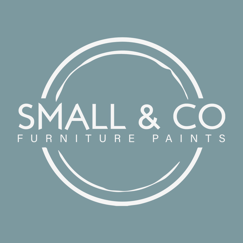 Sky blue furniture paint colour called mayfair morning by small and co furniture paints, with white logo overlaid