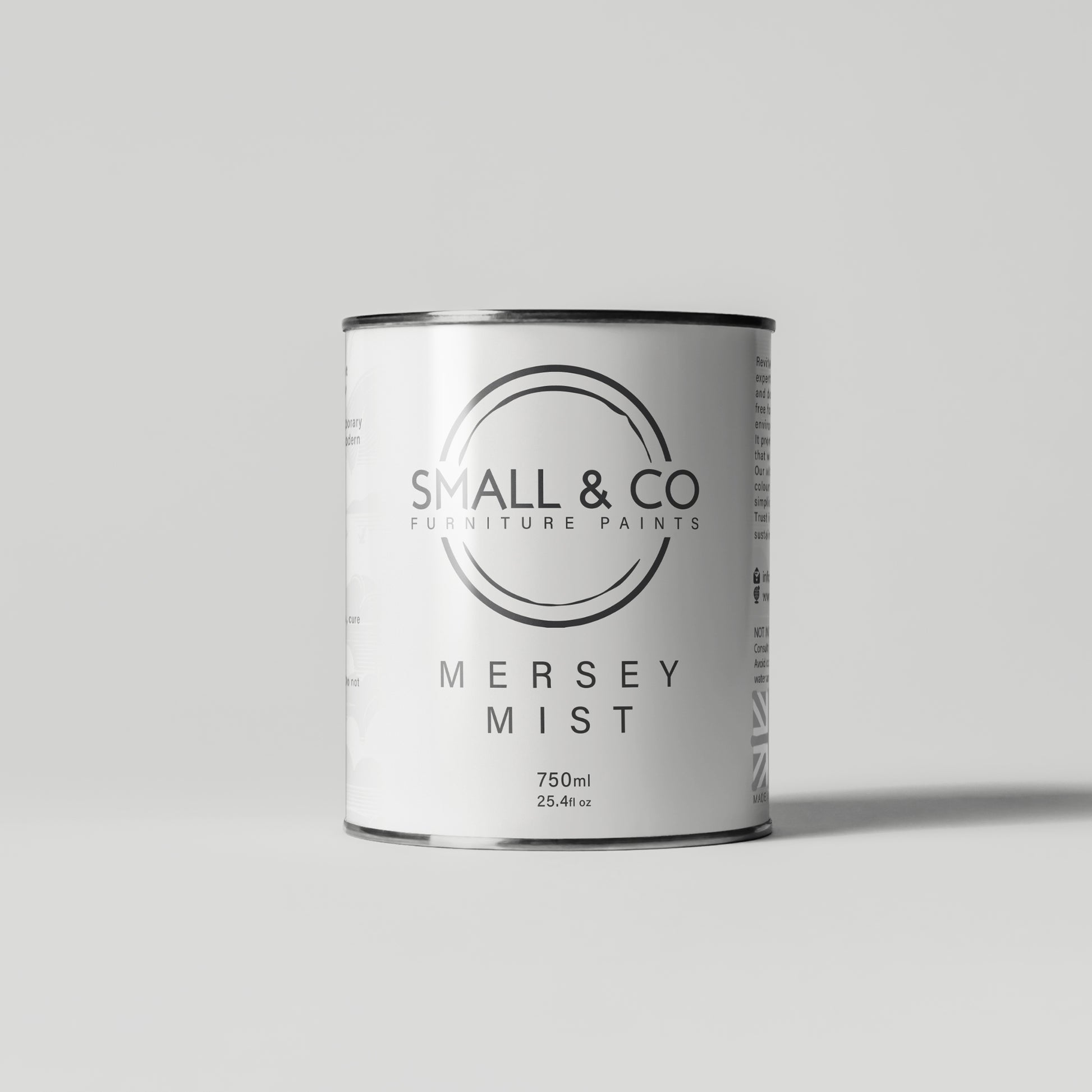 750ml tin of Small & Co furniture paint in Mersey Mist, a light grey off white colour. High-quality, professional, durable paint perfect for furniture restoration, DIY projects, and home decor. Ideal for wood, metal, and other surfaces. Eco-friendly, easy to apply, and provides a smooth finish