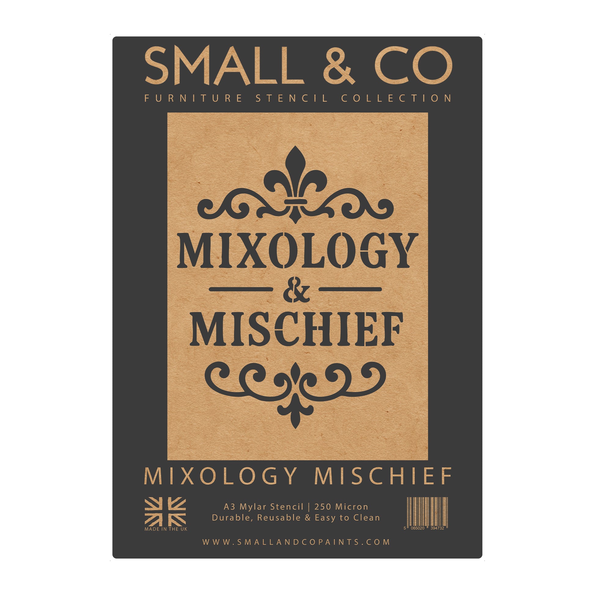 Mixology and Mischief stencil packaging showing cocktail bar typography design for furniture painting, drinks trolley makeover, home bar décor and pub style wall art