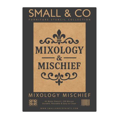 Mixology and Mischief stencil packaging showing cocktail bar typography design for furniture painting, drinks trolley makeover, home bar décor and pub style wall art
