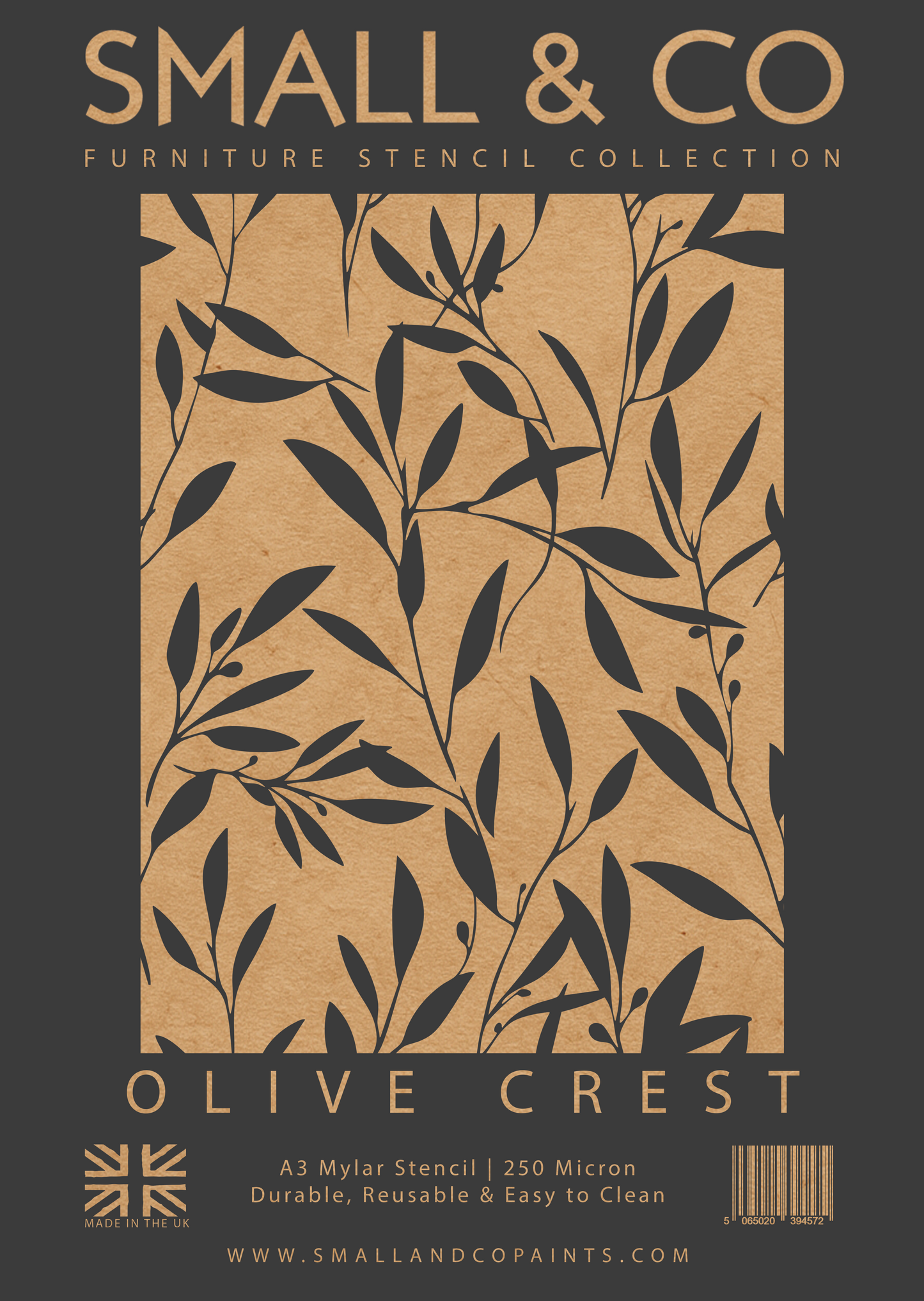 Olive Crest stencil – olive wreath botanical stencil design for furniture painting, decorative panels, and wall art. Large nature-inspired furniture stencil UK.
