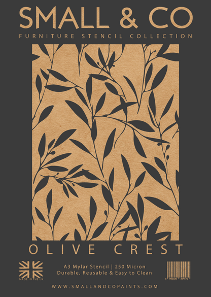 Olive Crest stencil – olive wreath botanical stencil design for furniture painting, decorative panels, and wall art. Large nature-inspired furniture stencil UK.