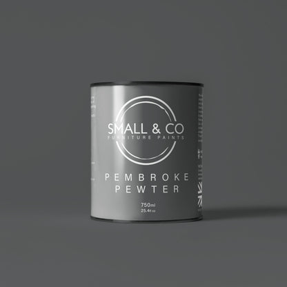 750ml tin of Small & Co furniture paint in Pembroke Pewter, a dark grey smokey metallic colour. High-quality, professional, durable paint perfect for furniture restoration, DIY projects, and home decor. Ideal for wood, metal, and other surfaces. Eco-friendly, easy to apply, and provides a smooth finish