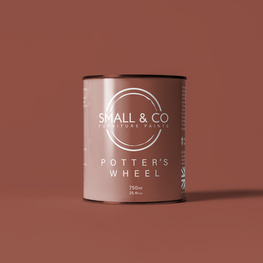 750ml tin of Small & Co furniture paint in Potter's Wheel, a terracotta red clay colour. High-quality, professional, durable paint perfect for furniture restoration, DIY projects, and home decor. Ideal for wood, metal, and other surfaces. Eco-friendly, easy to apply, and provides a smooth finish