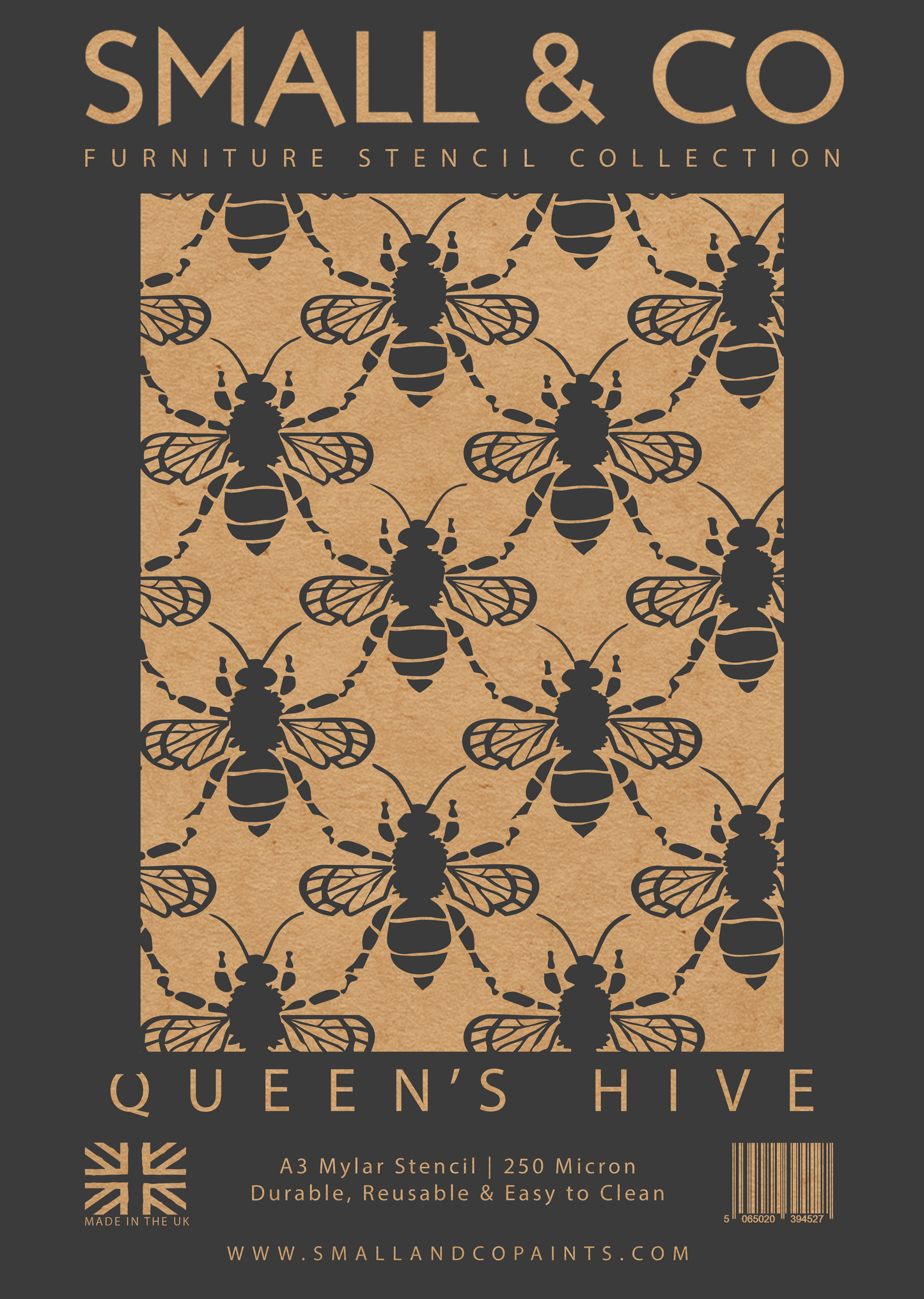 Queen’s Hive honeycomb bee stencil pattern – large furniture stencil for drawers, tables, walls, and craft projects. Geometric bee design stencil UK.