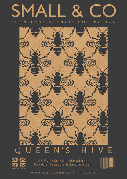 Queen’s Hive honeycomb bee stencil pattern – large furniture stencil for drawers, tables, walls, and craft projects. Geometric bee design stencil UK.