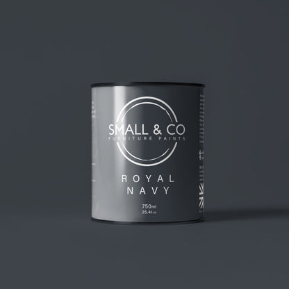 750ml tin of Small & Co furniture paint in Royal Navy, a dark midnight blue navy colour. High-quality, professional, durable paint perfect for furniture restoration, DIY projects, and home decor. Ideal for wood, metal, and other surfaces. Eco-friendly, easy to apply, and provides a smooth finish