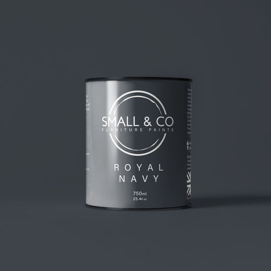 750ml tin of Small & Co furniture paint in Royal Navy, a dark midnight blue navy colour. High-quality, professional, durable paint perfect for furniture restoration, DIY projects, and home decor. Ideal for wood, metal, and other surfaces. Eco-friendly, easy to apply, and provides a smooth finish