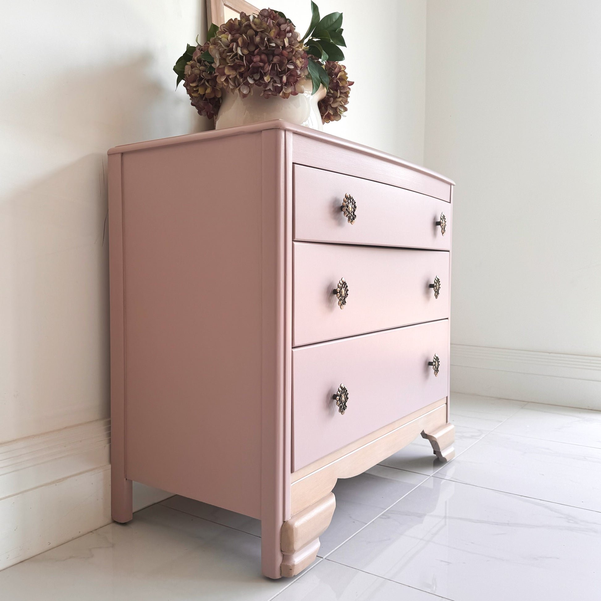 Lebus chest of drawers painted in a pastel soft dusty pink, suffolk shell by small and co durable furniture paints