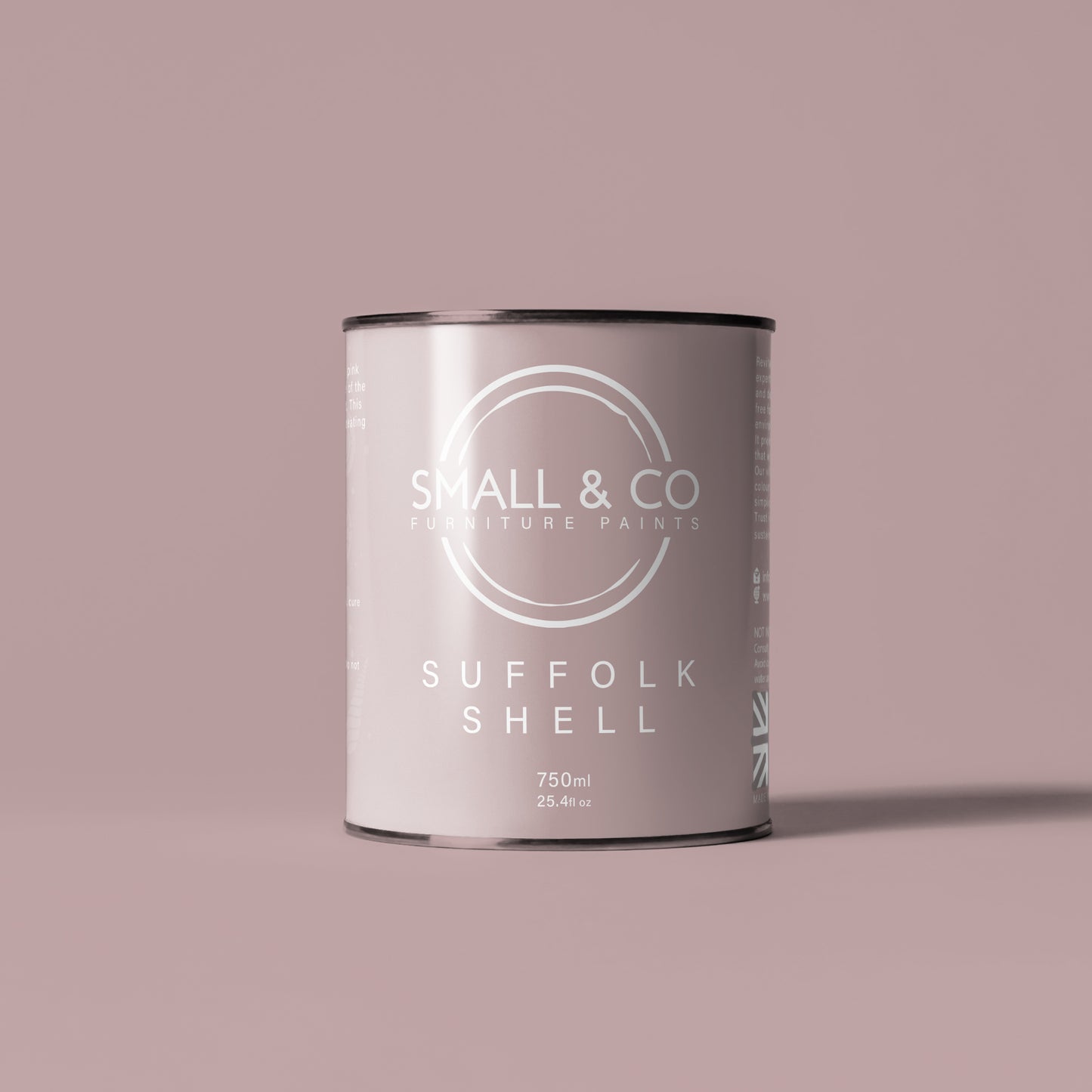 750ml tin of Small & Co furniture paint in Suffolk Shell, a dusky dusty light pink colour. High-quality, professional, durable paint perfect for furniture restoration, DIY projects, and home decor. Ideal for wood, metal, and other surfaces. Eco-friendly, easy to apply, and provides a smooth finish