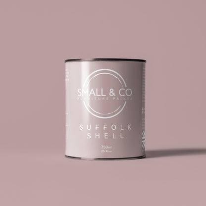 750ml tin of Small & Co furniture paint in Suffolk Shell, a dusky dusty light pink colour. High-quality, professional, durable paint perfect for furniture restoration, DIY projects, and home decor. Ideal for wood, metal, and other surfaces. Eco-friendly, easy to apply, and provides a smooth finish