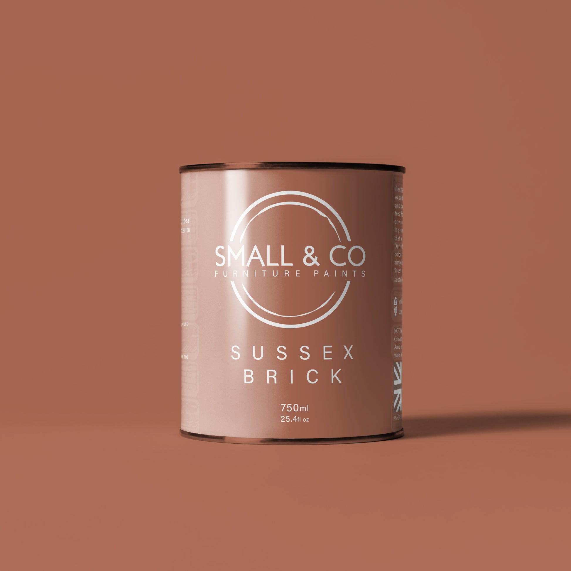 750ml tin of Small & Co furniture paint in Sussex Brick, a terracotta earthy orange colour. High-quality, professional, durable paint perfect for furniture restoration, DIY projects, and home decor. Ideal for wood, metal, and other surfaces. Eco-friendly, easy to apply, and provides a smooth finish
