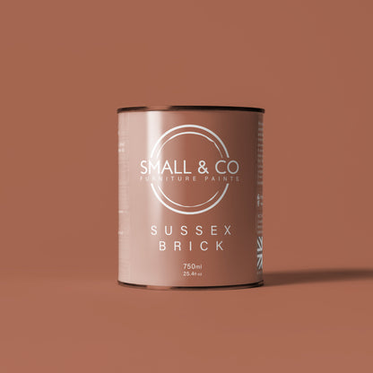 750ml tin of Small & Co furniture paint in Sussex Brick, a terracotta earthy orange colour. High-quality, professional, durable paint perfect for furniture restoration, DIY projects, and home decor. Ideal for wood, metal, and other surfaces. Eco-friendly, easy to apply, and provides a smooth finish