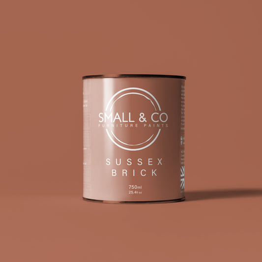 750ml tin of Small & Co furniture paint in Sussex Brick, a terracotta earthy orange colour. High-quality, professional, durable paint perfect for furniture restoration, DIY projects, and home decor. Ideal for wood, metal, and other surfaces. Eco-friendly, easy to apply, and provides a smooth finish