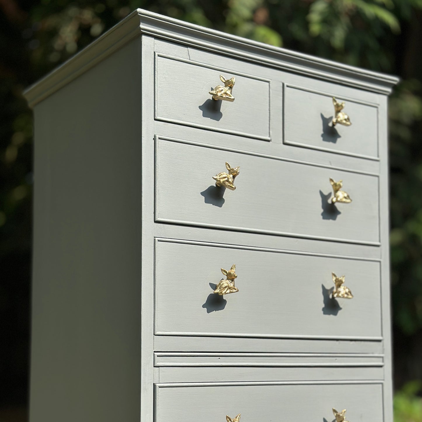 highland haze, light mid grey furniture paint, painted chest of drawers with brass deer handle, paint by small and co furniture paints close up