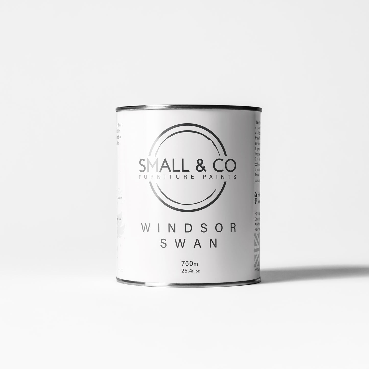 750ml tin of Small & Co furniture paint in Windsor Swan, a pure true white colour. High-quality, professional, durable paint perfect for furniture restoration, DIY projects, and home decor. Ideal for wood, metal, and other surfaces. Eco-friendly, easy to apply, and provides a smooth finish