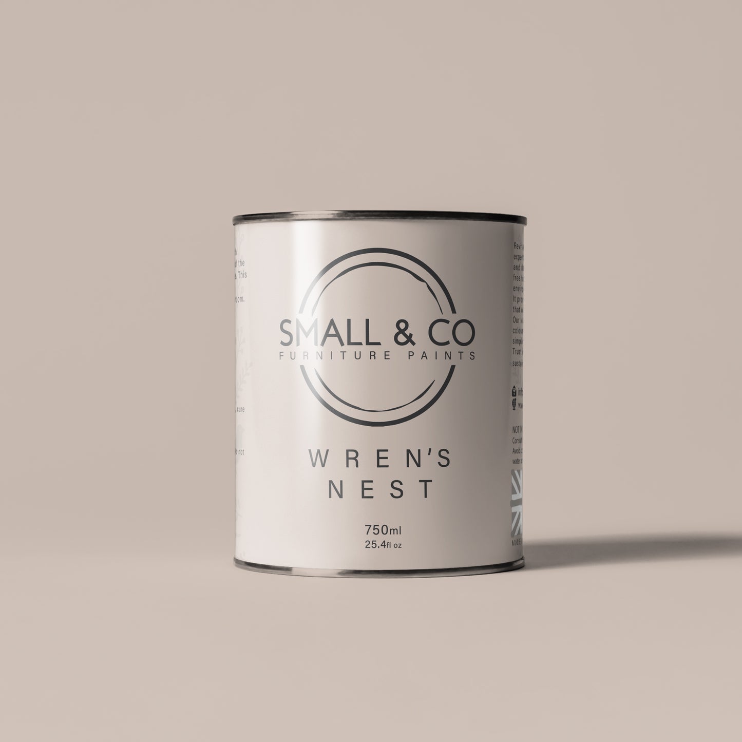 750ml tin of Small & Co furniture paint in Wren's Nest, a light taupe beige mushroom colour. High-quality, professional, durable paint perfect for furniture restoration, DIY projects, and home decor. Ideal for wood, metal, and other surfaces. Eco-friendly, easy to apply, and provides a smooth finish