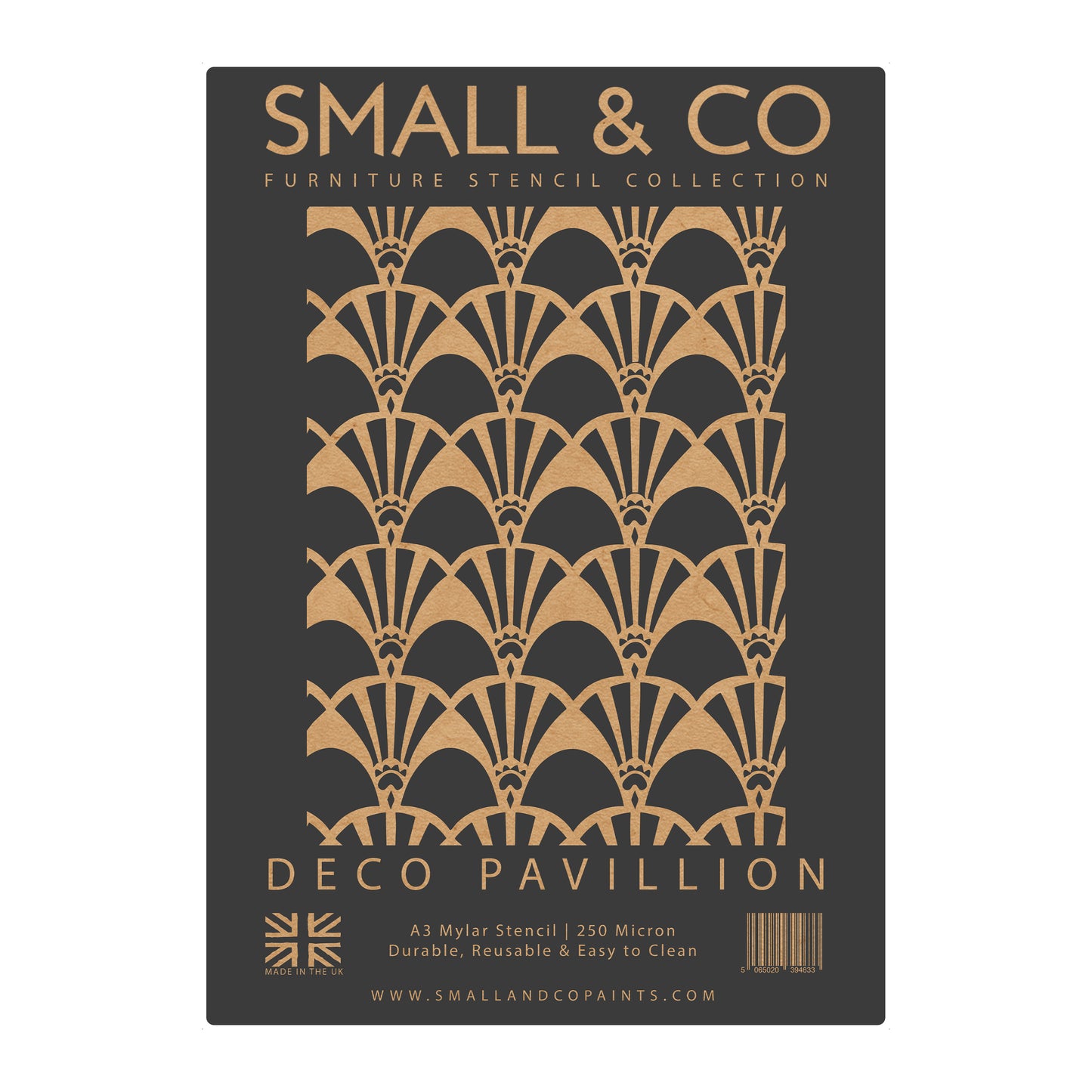 Deco Pavilion stencil packaging with repeating Deco fan pattern – UK-made A3 reusable stencil for Gatsby-inspired feature walls and furniture upcycling.