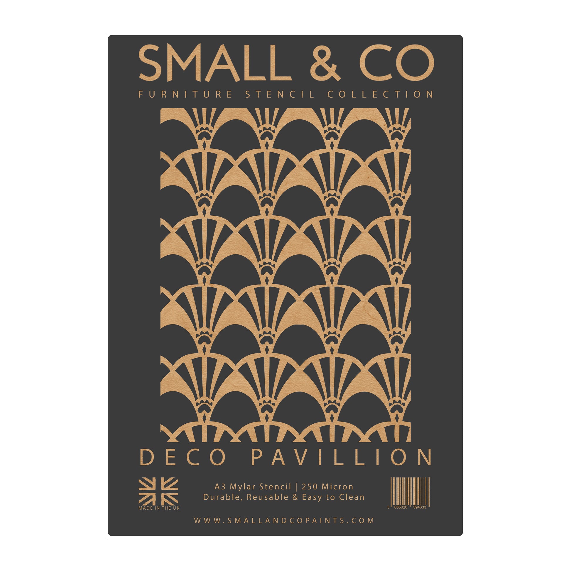 Deco Pavilion stencil packaging with repeating Deco fan pattern – UK-made A3 reusable stencil for Gatsby-inspired feature walls and furniture upcycling.