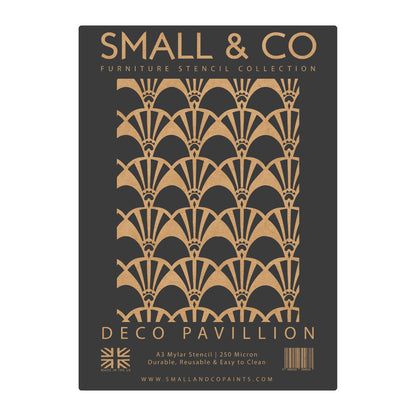 Deco Pavilion stencil packaging with repeating Deco fan pattern – UK-made A3 reusable stencil for Gatsby-inspired feature walls and furniture upcycling.