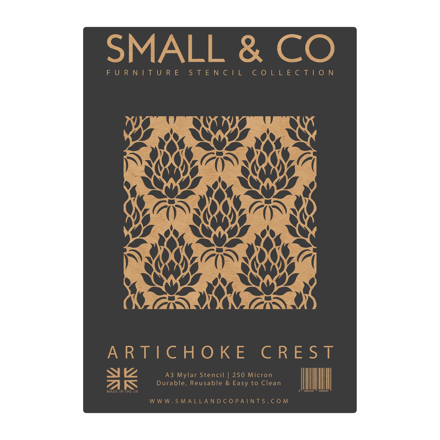 Artichoke Crest packaging showing repeating floral crest – UK-made A3 reusable stencil for traditional homes, rustic décor and DIY furniture painting