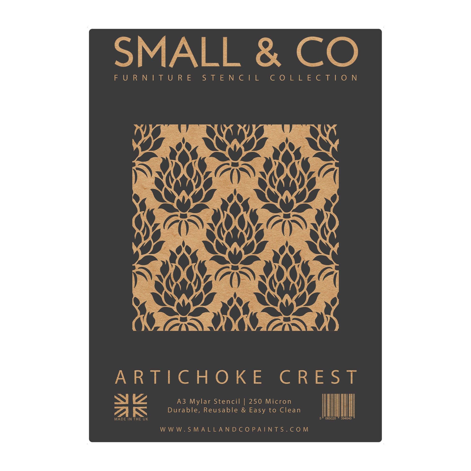 Artichoke Crest packaging showing repeating floral crest – UK-made A3 reusable stencil for traditional homes, rustic décor and DIY furniture painting