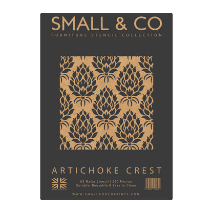 Artichoke Crest packaging showing repeating floral crest – UK-made A3 reusable stencil for traditional homes, rustic décor and DIY furniture painting
