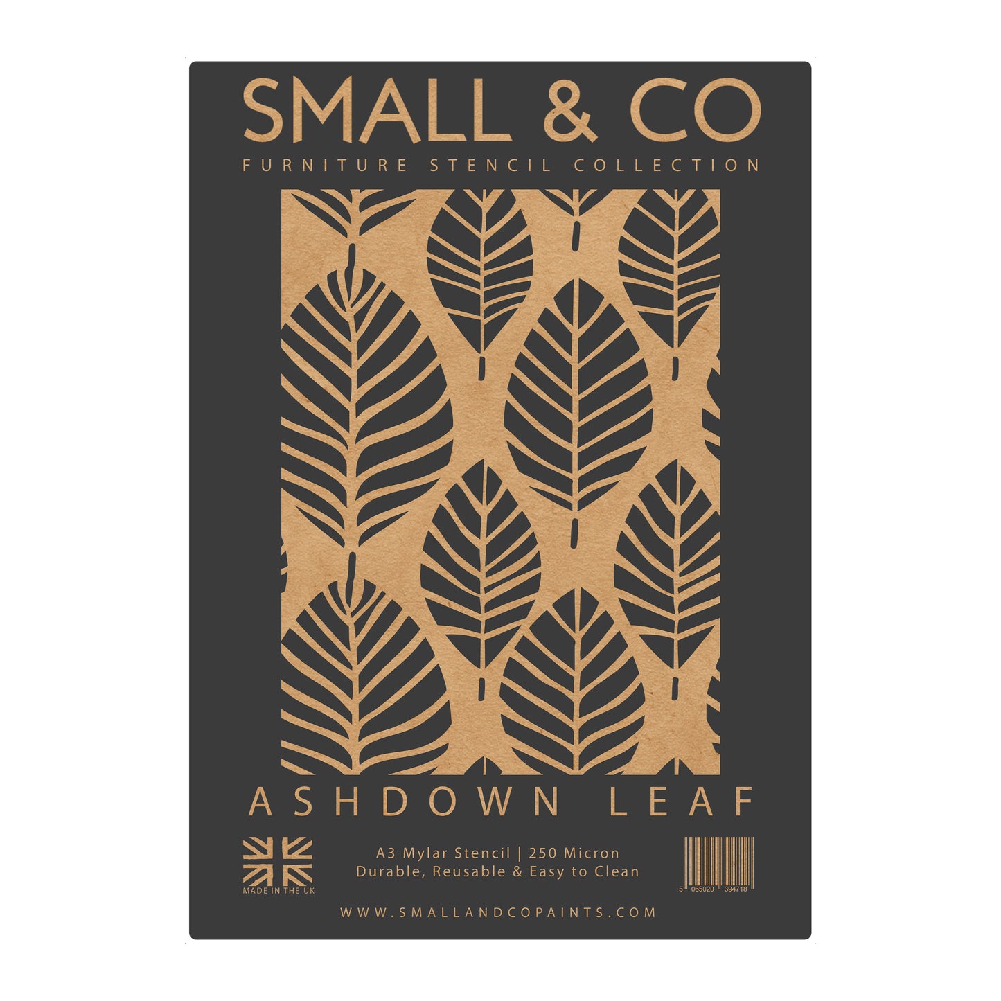 Ashdown Leaf packaging with seamless abstract foliage – UK-made A3 reusable stencil for nature-inspired décor, DIY upcycling and craft projects.