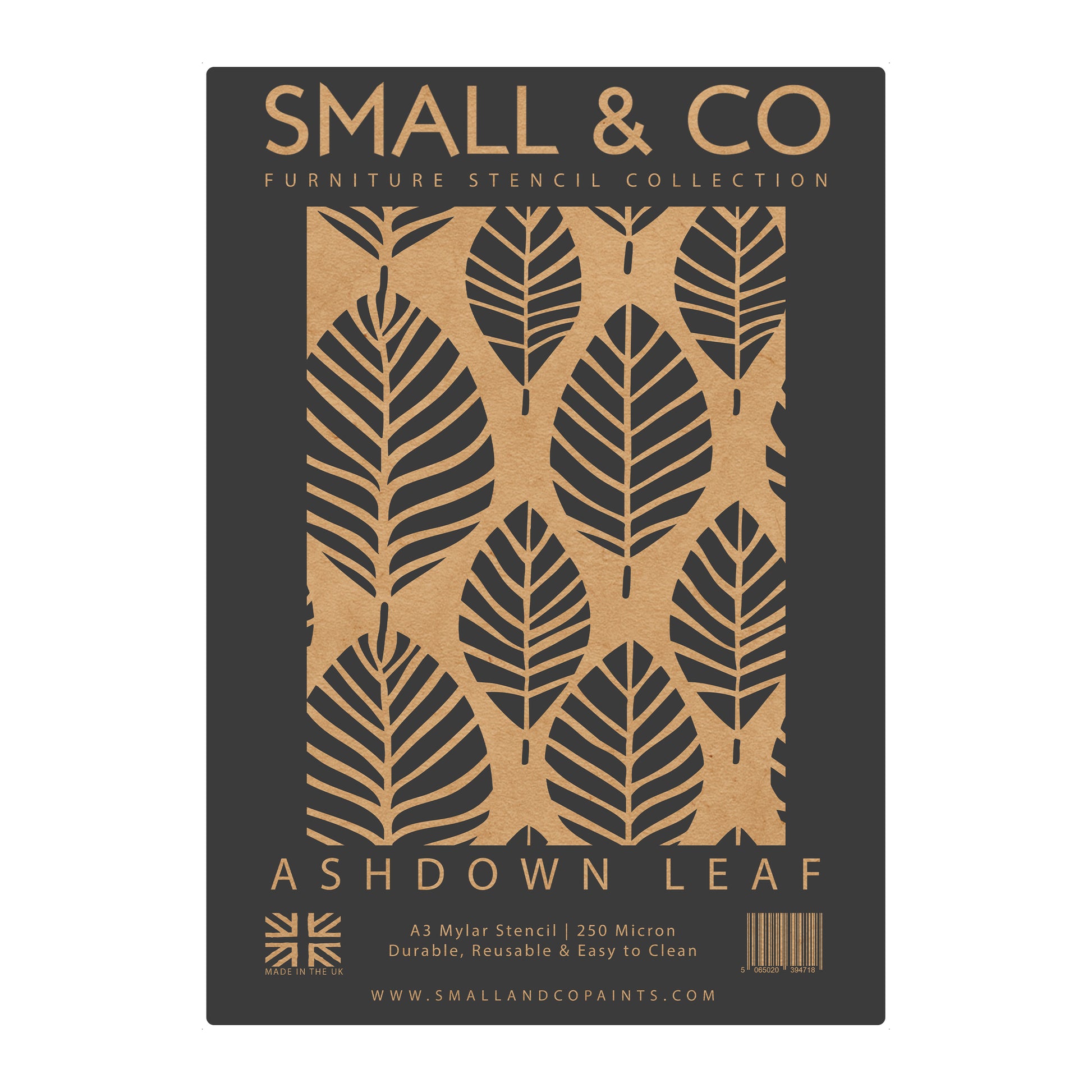 Ashdown Leaf packaging with seamless abstract foliage – UK-made A3 reusable stencil for nature-inspired décor, DIY upcycling and craft projects.