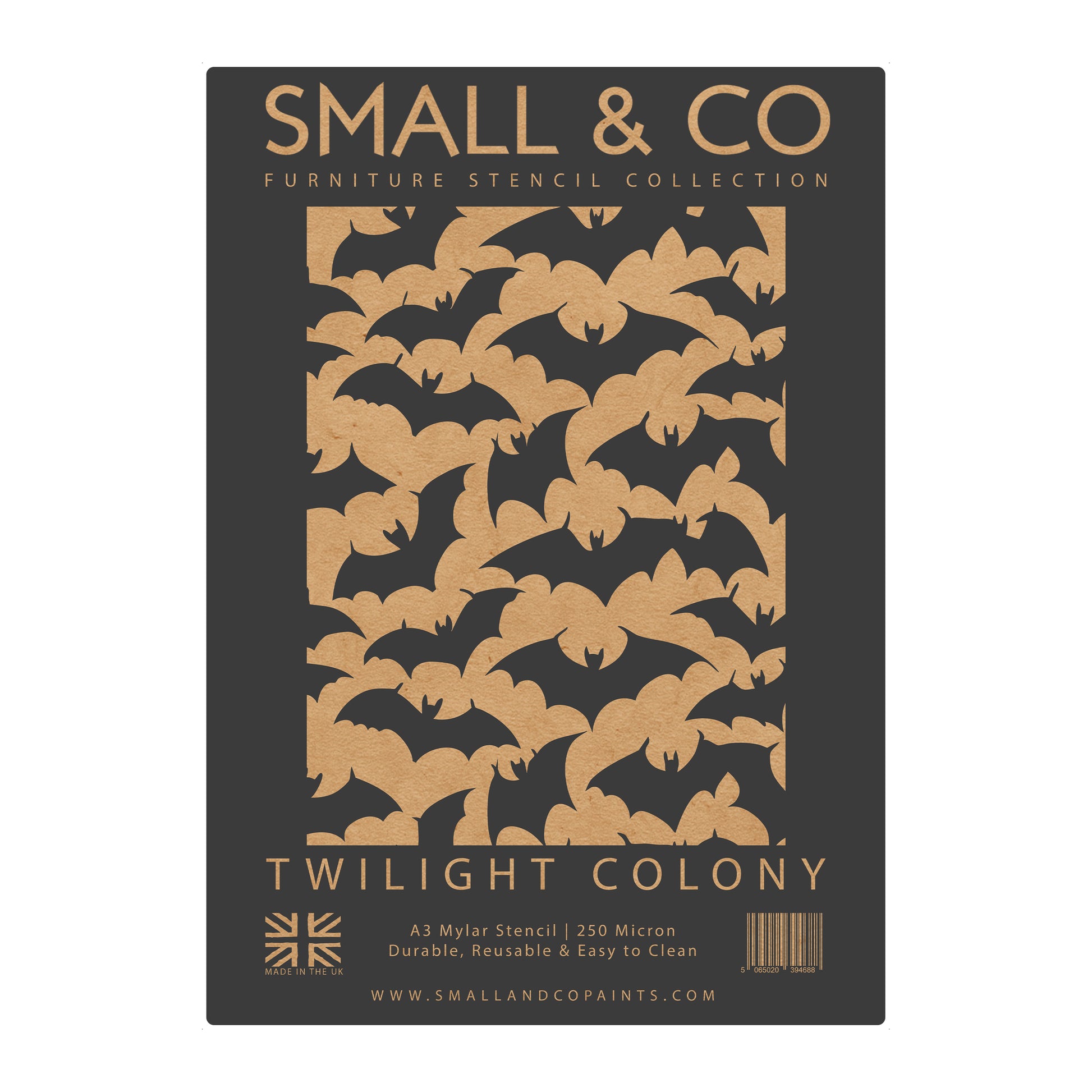 Twilight Colony packaging showing seamless bat pattern – UK-made A3 reusable stencil for dark interiors, seasonal projects and creative upcycling.