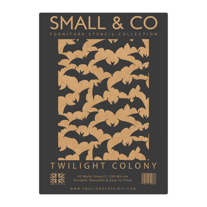 Twilight Colony packaging showing seamless bat pattern – UK-made A3 reusable stencil for dark interiors, seasonal projects and creative upcycling.