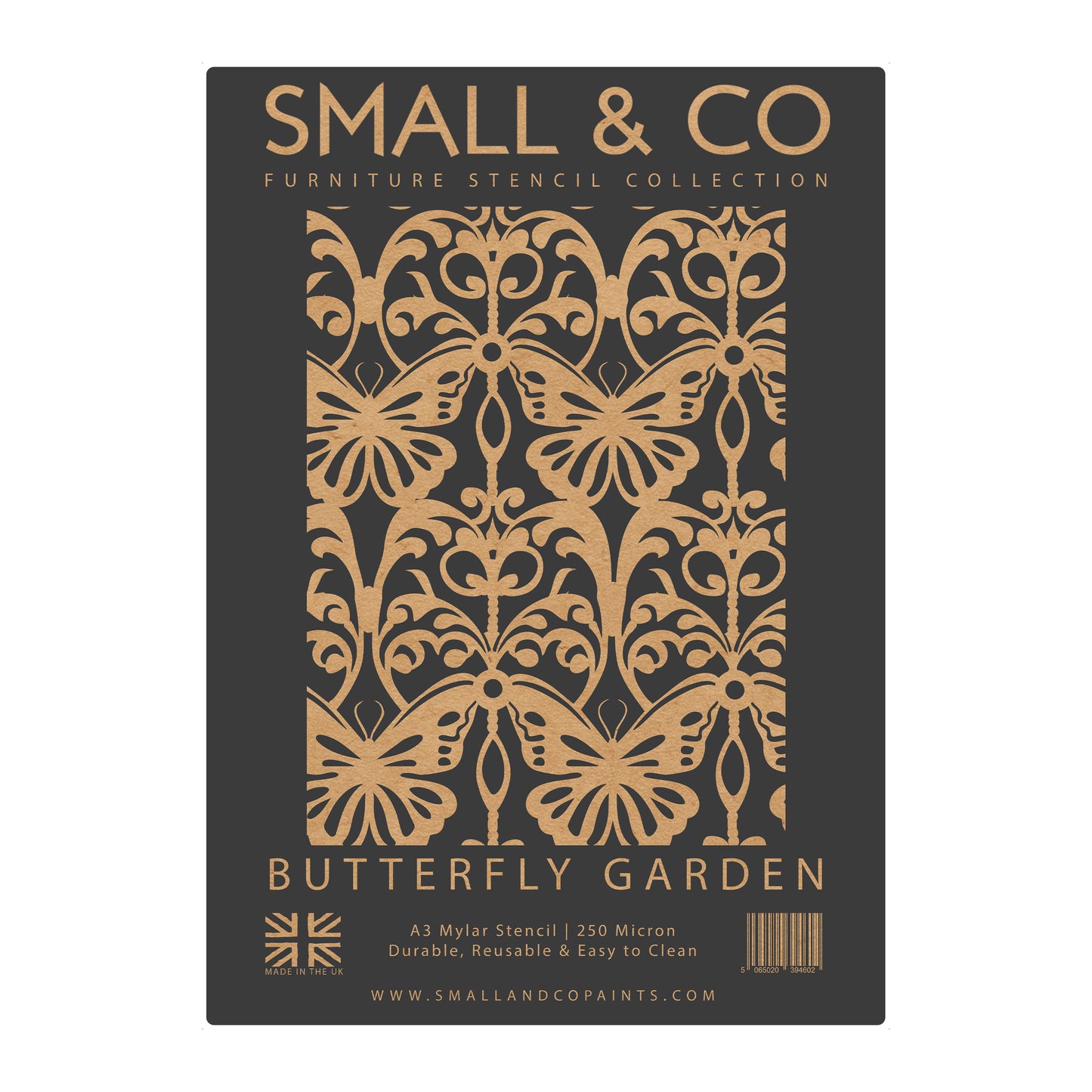 Butterfly Garden stencil packaging showing repeating butterfly and flower pattern – UK-made A3 reusable Mylar for cottagecore, shabby chic DIY