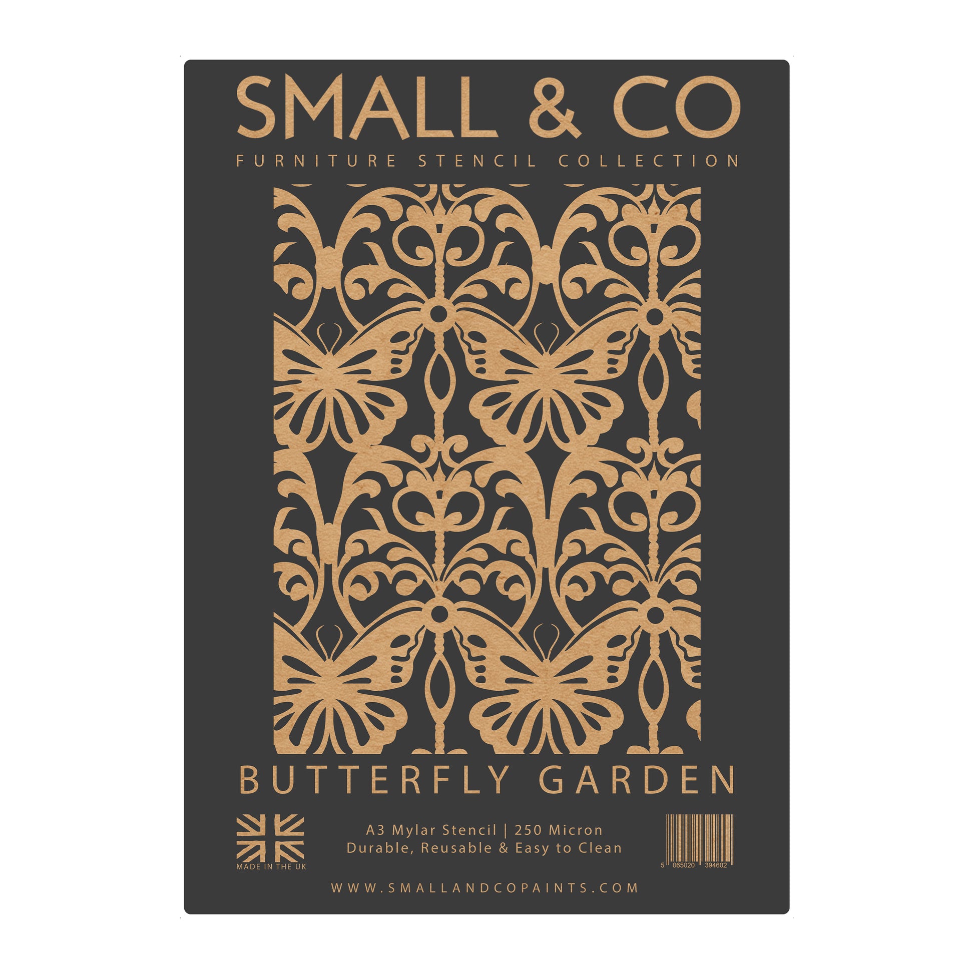 Butterfly Garden stencil packaging showing repeating butterfly and flower pattern – UK-made A3 reusable Mylar for cottagecore, shabby chic DIY