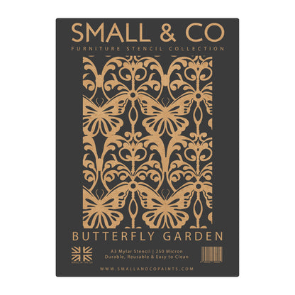Butterfly Garden stencil packaging showing repeating butterfly and flower pattern – UK-made A3 reusable Mylar for cottagecore, shabby chic DIY