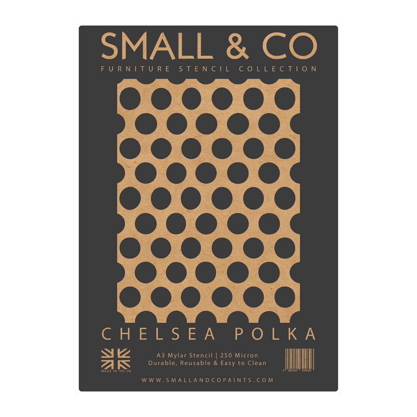 Chelsea Polka packaging showing repeat dot layout – UK-made A3 reusable stencil for shabby chic, kids’ rooms, retro interiors and craft projects.