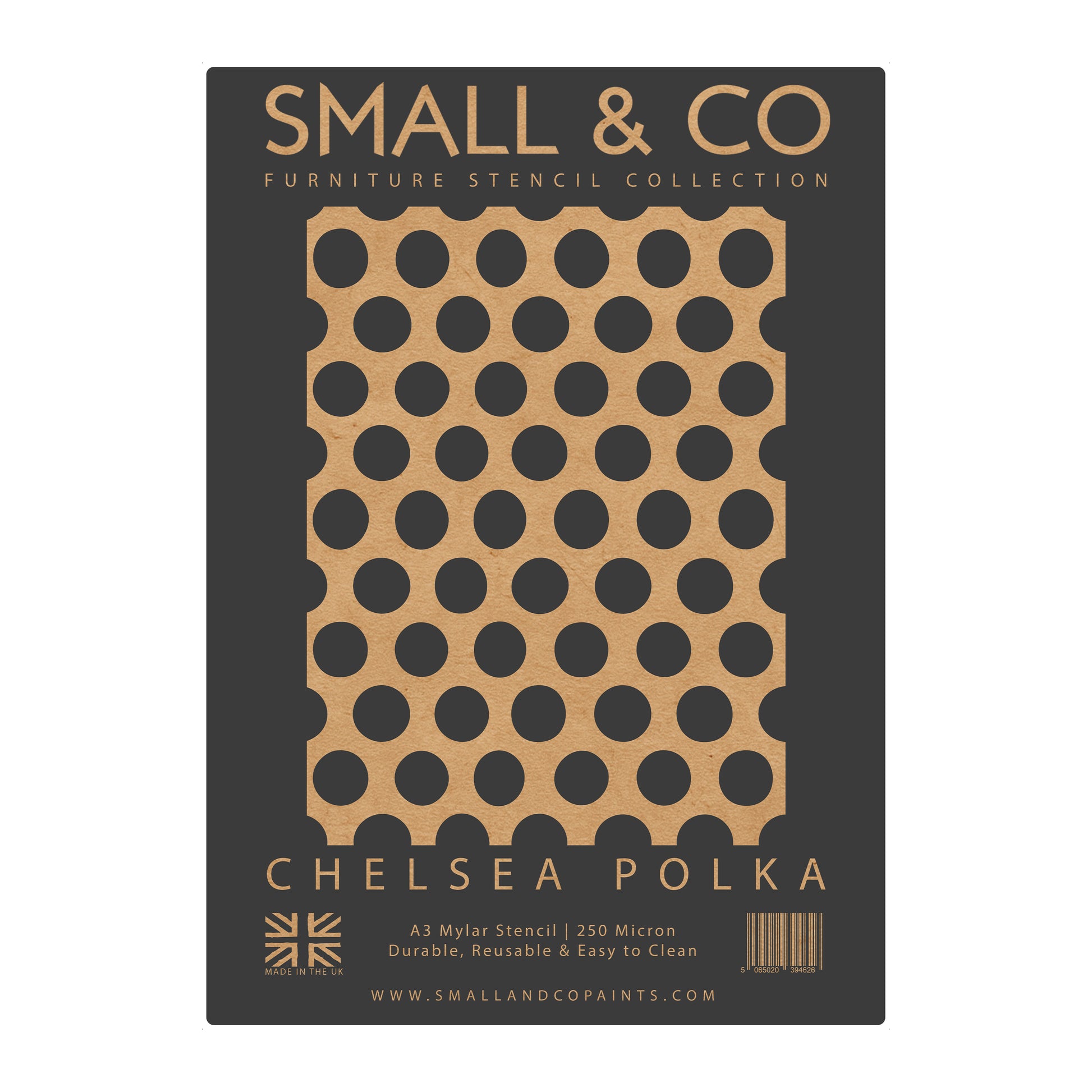Chelsea Polka packaging showing repeat dot layout – UK-made A3 reusable stencil for shabby chic, kids’ rooms, retro interiors and craft projects.