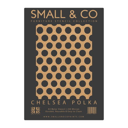 Chelsea Polka packaging showing repeat dot layout – UK-made A3 reusable stencil for shabby chic, kids’ rooms, retro interiors and craft projects.