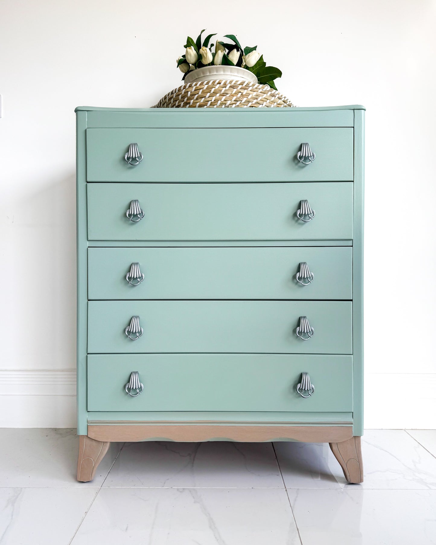 chest of drawers painted in light blue furniture paint, small & Co Furniture Paint, Brighton Breeze, duck egg colour