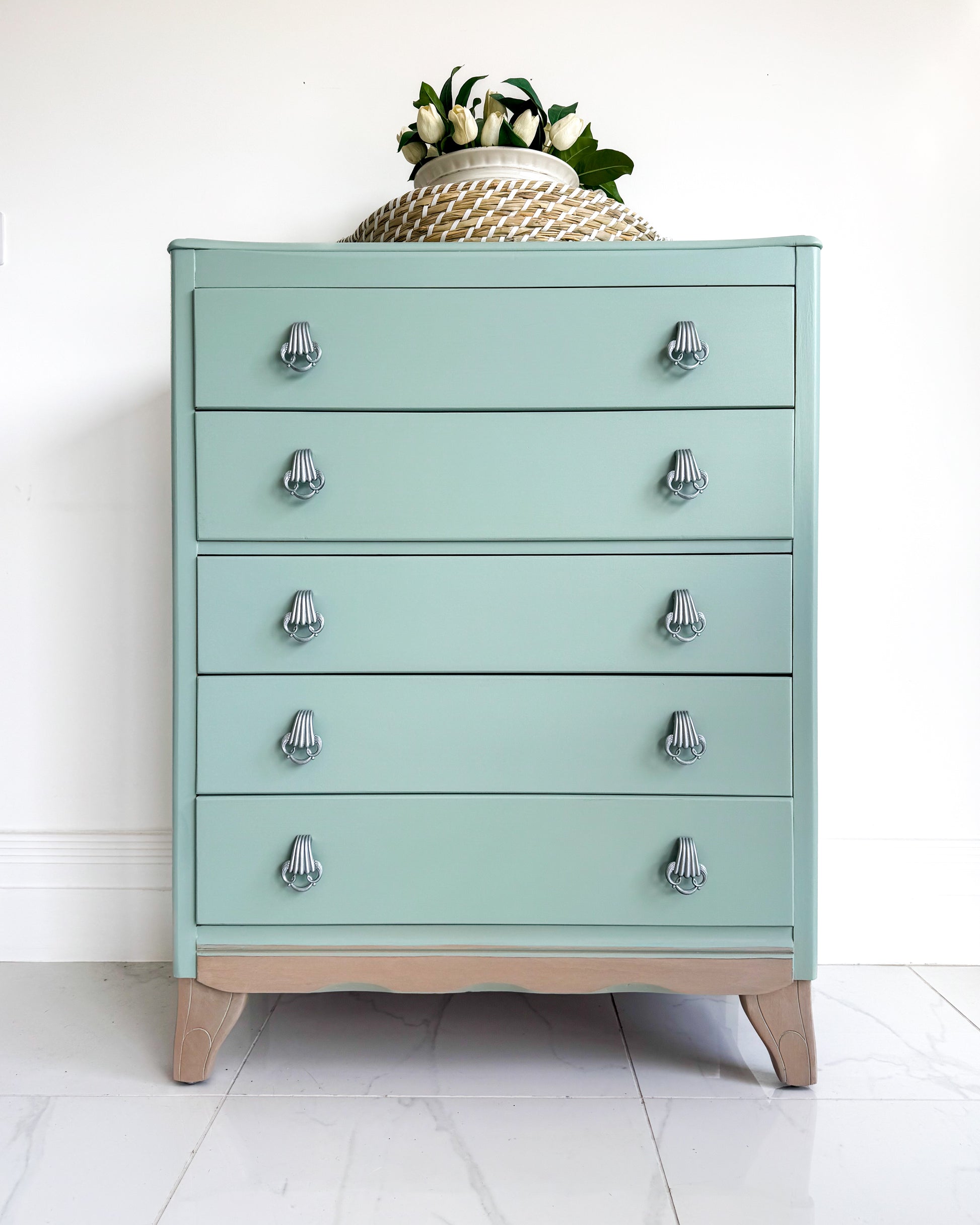 chest of drawers painted in light blue furniture paint, small & Co Furniture Paint, Brighton Breeze, duck egg colour