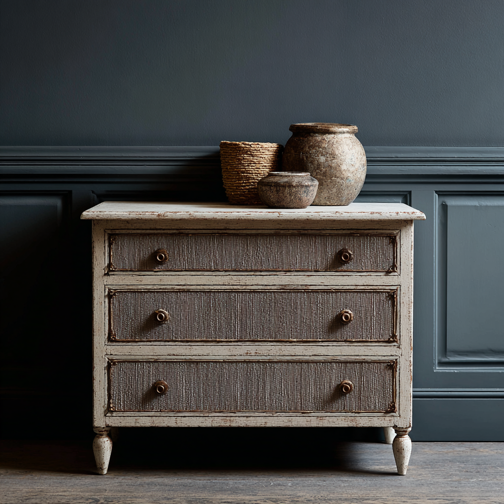 Chest of drawers with faux linen painted drawer fronts — subtle strié furniture painting technique adding textile texture with paint.